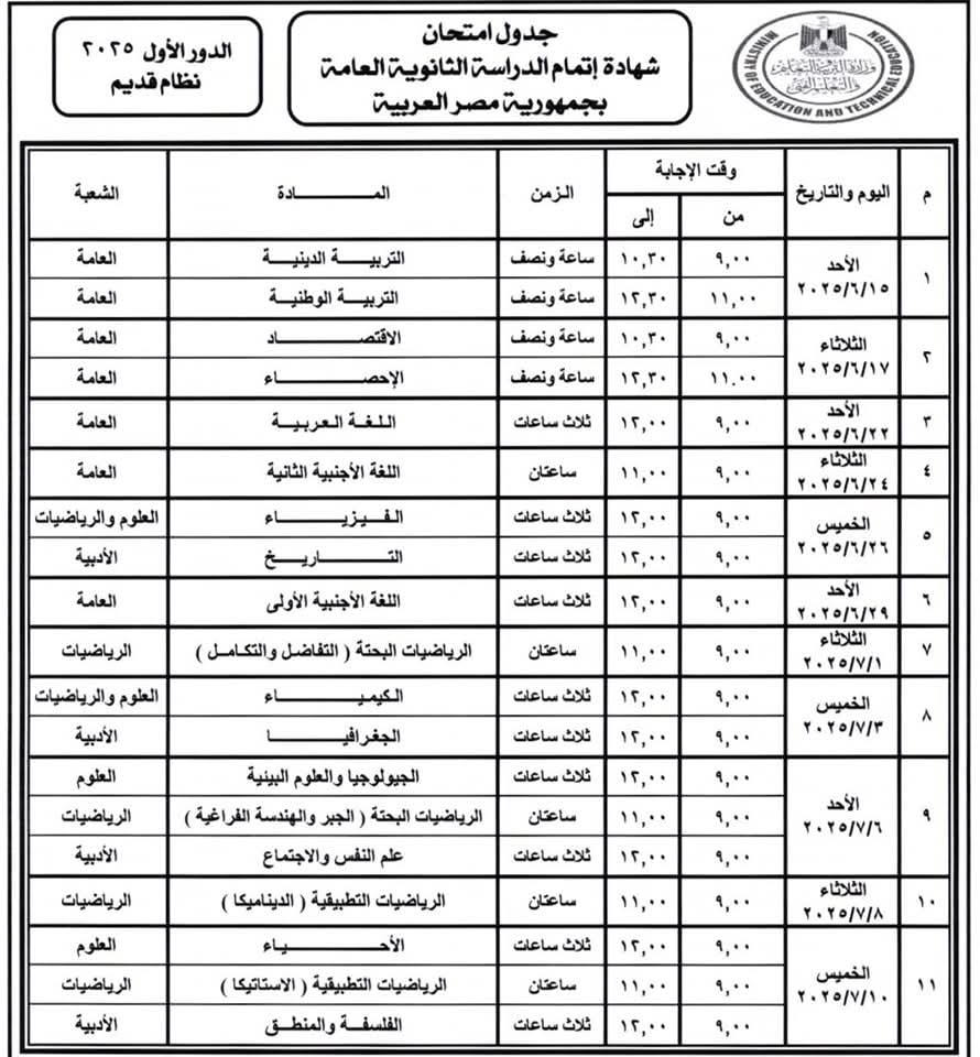 جدول امتحانات الثانوية نظام قديم2025