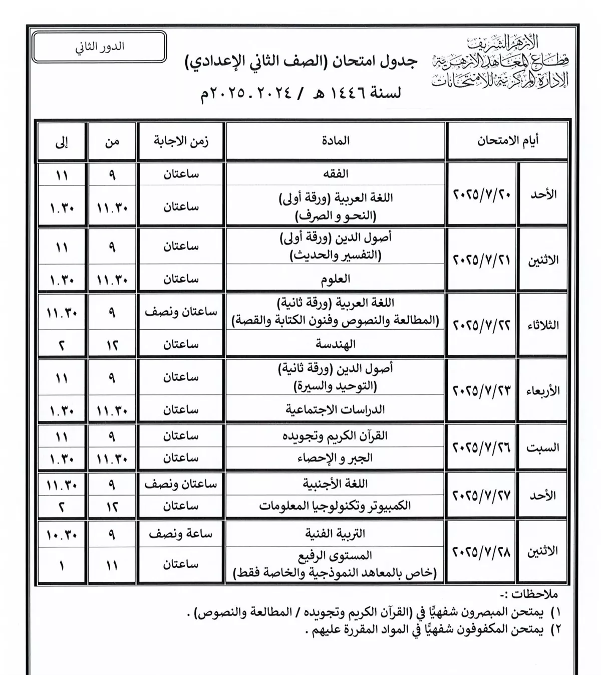 جدول امتحان الصف الرابع الابتدائي
