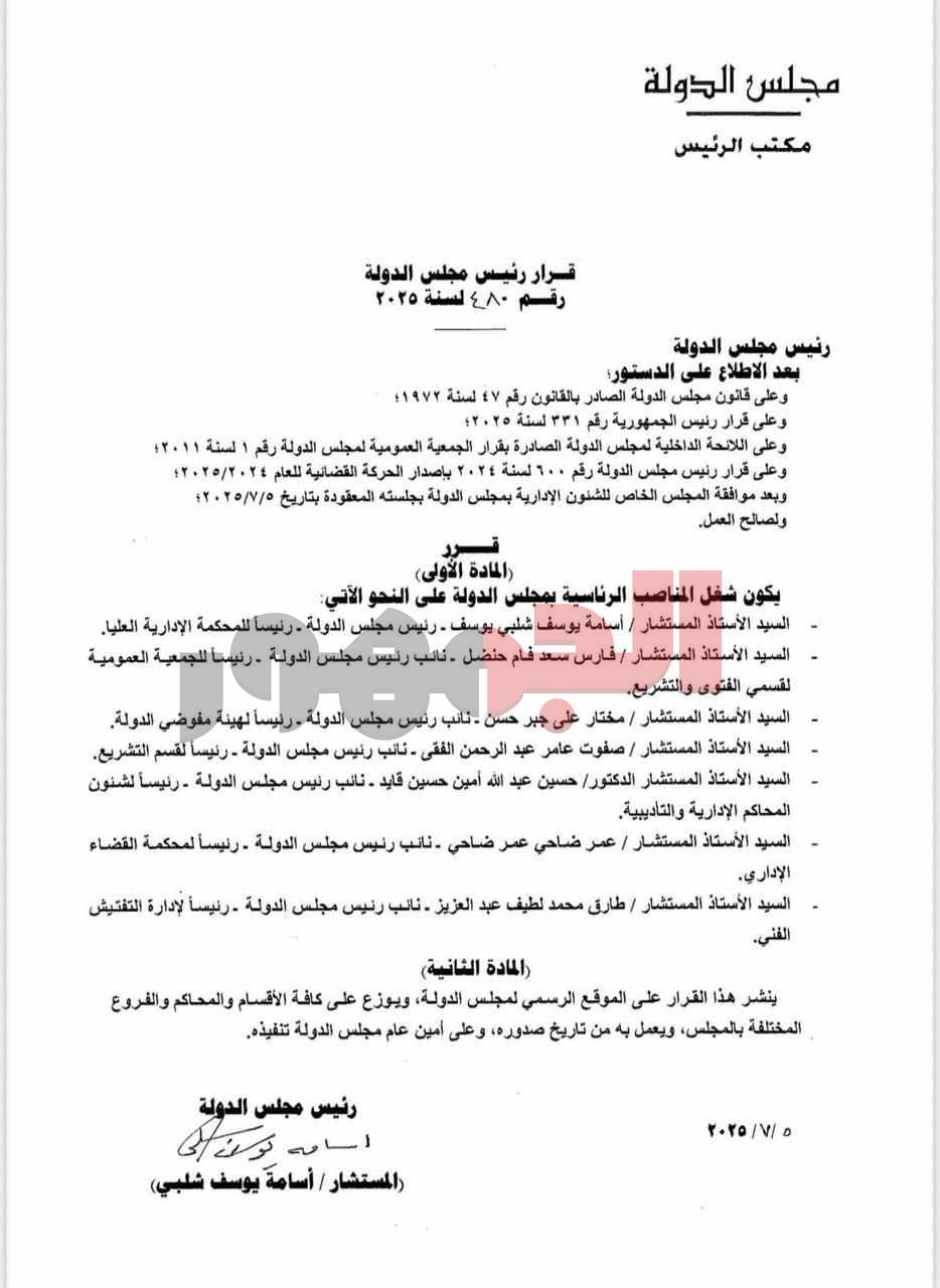رئيس مجلس الدولة يعتمد التشكيل الجديد للمناصب الرئاسية للعام القضائي 2025 /2026