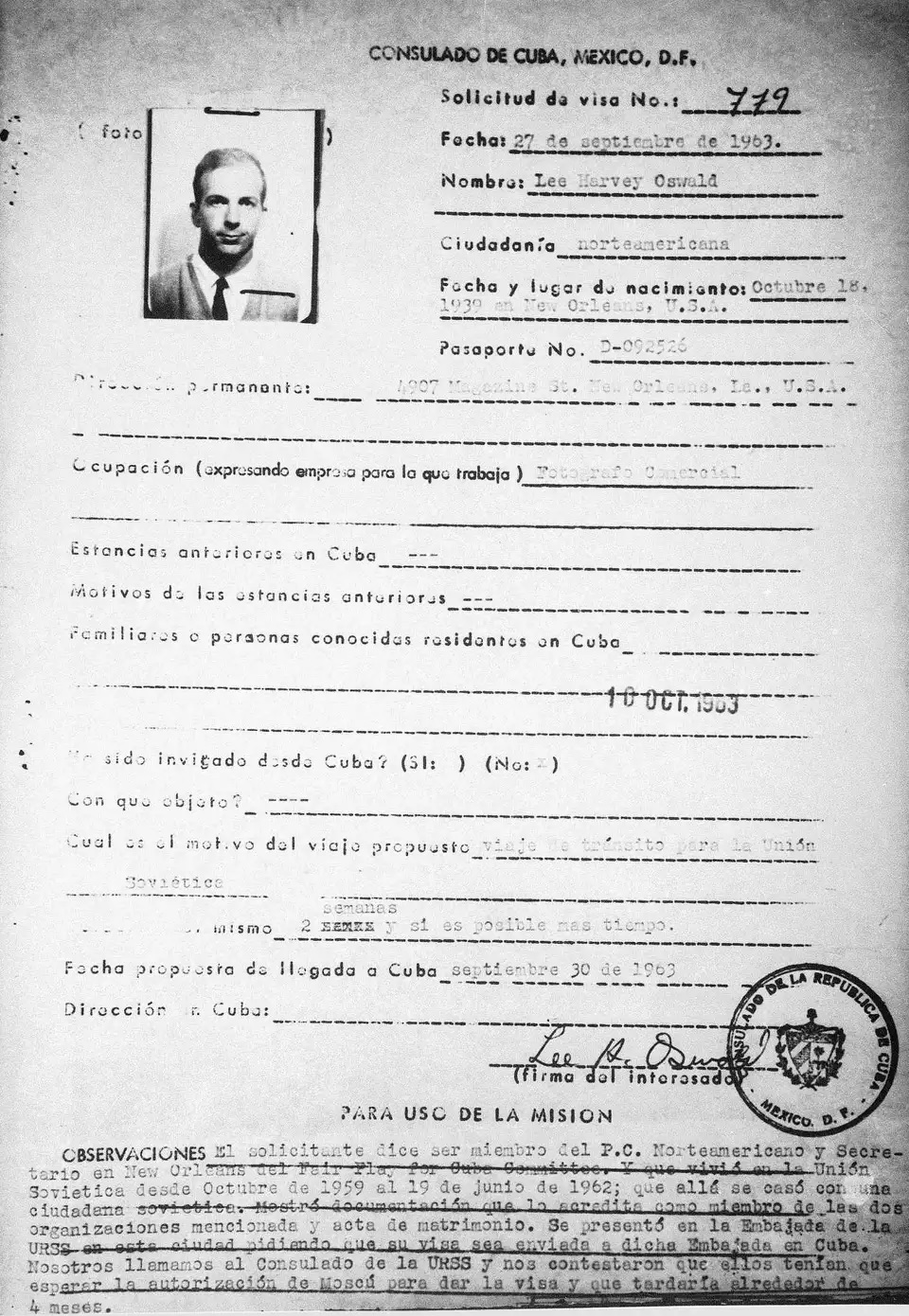 <strong>طلب تأشيرة لي هارفي إلى كوبا عام 1963</strong>