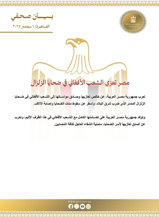<strong>مصر تعزي الشعب الأفغاني في ضحايا زلزال اليوم</strong>