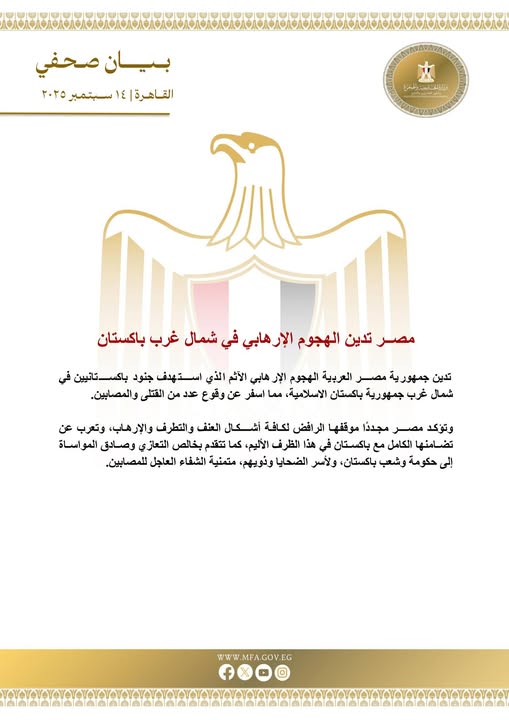 <strong>مصر تدين الهجوم الإرهابي في شمال غرب باكستان</strong>