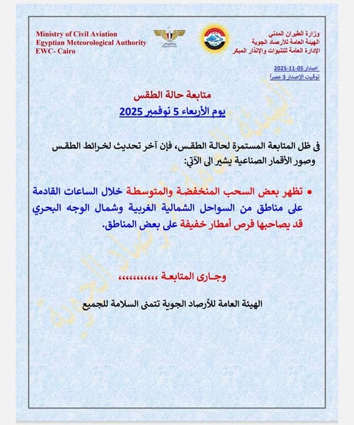 <strong>بيان &nbsp;الهيئة العامة للأرصاد الجوية&nbsp;</strong>
