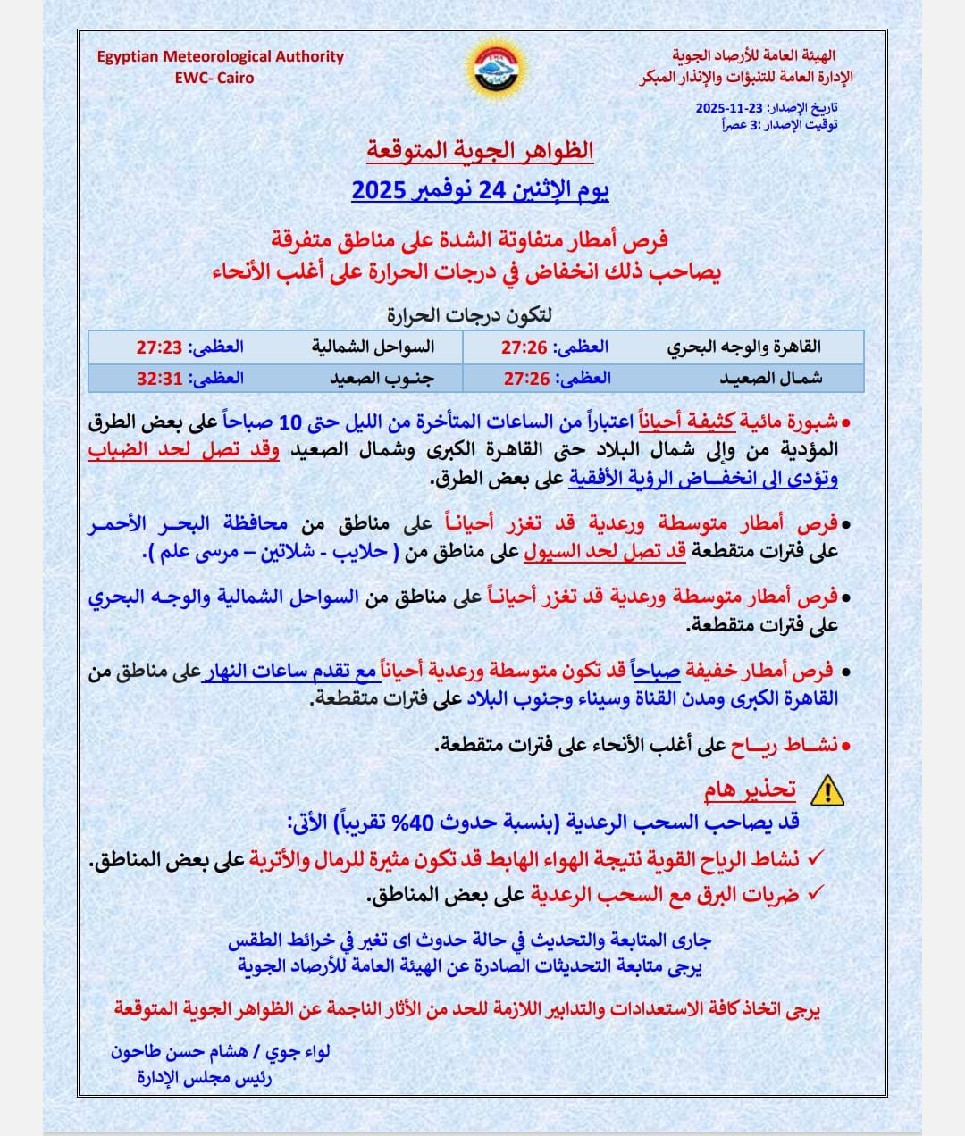 <strong>&nbsp;حالة الطقس غداً الإثنين الموافق 24 نوفمبر 2025</strong>