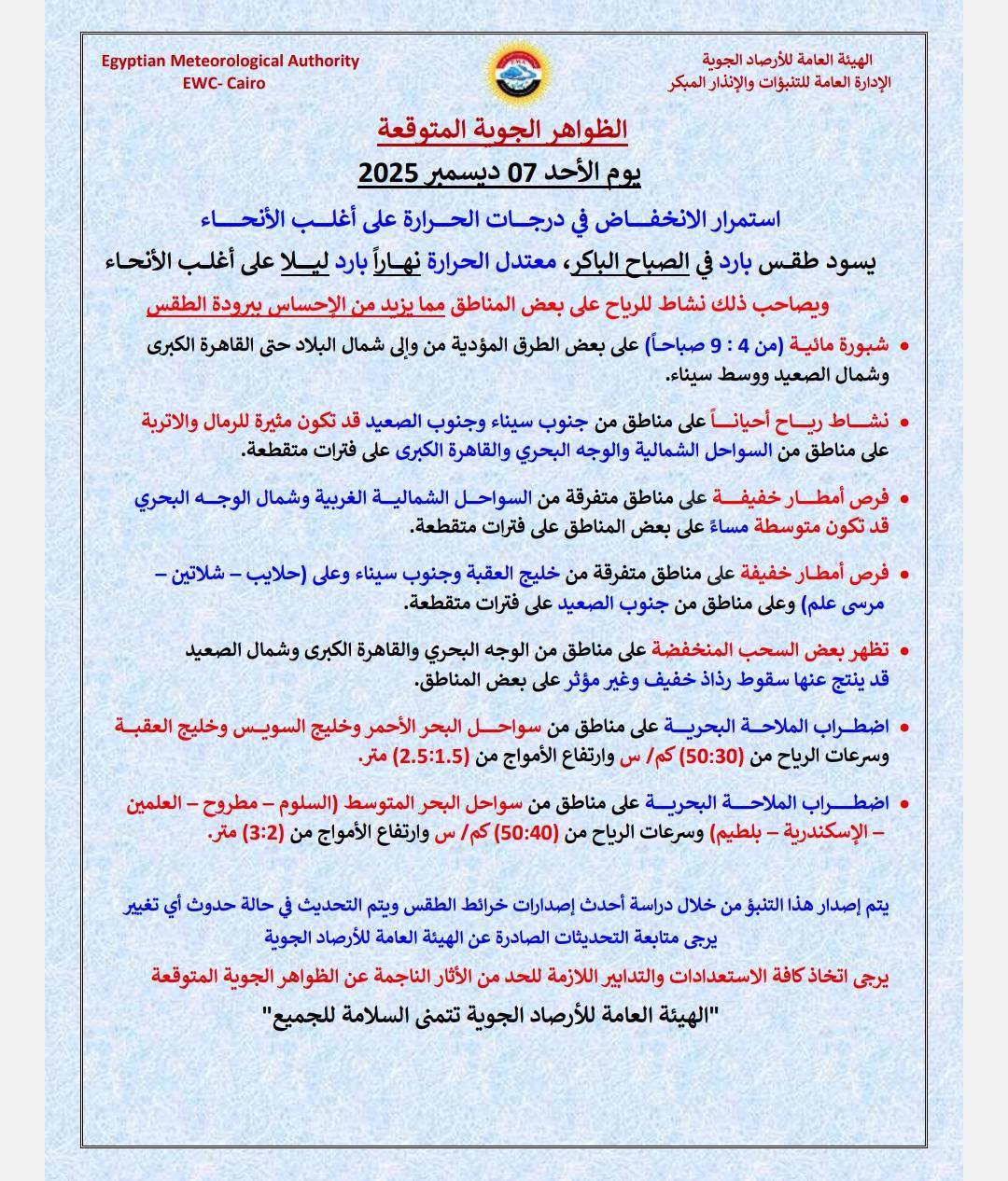 <strong>حالة الطقس اليوم &nbsp;الأحد 7 ديسمبر 2025</strong>