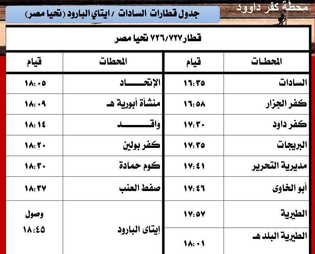 <strong>مواعيد قطارات السادات إلى إيتاي البارود</strong>