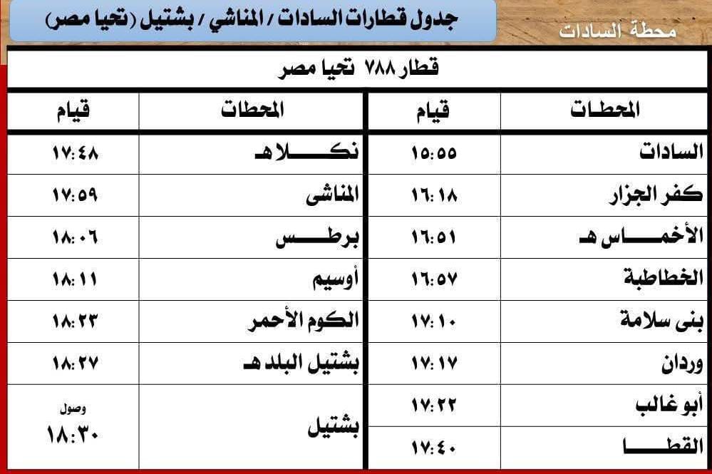 <strong>مواعيد قطارات بشتيل ـ السادات - المناشي</strong>