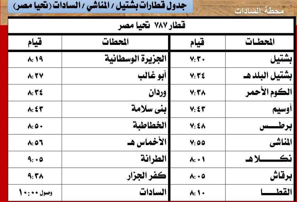 <strong>مواعيد قطارات بشتيل ـ السادات</strong>