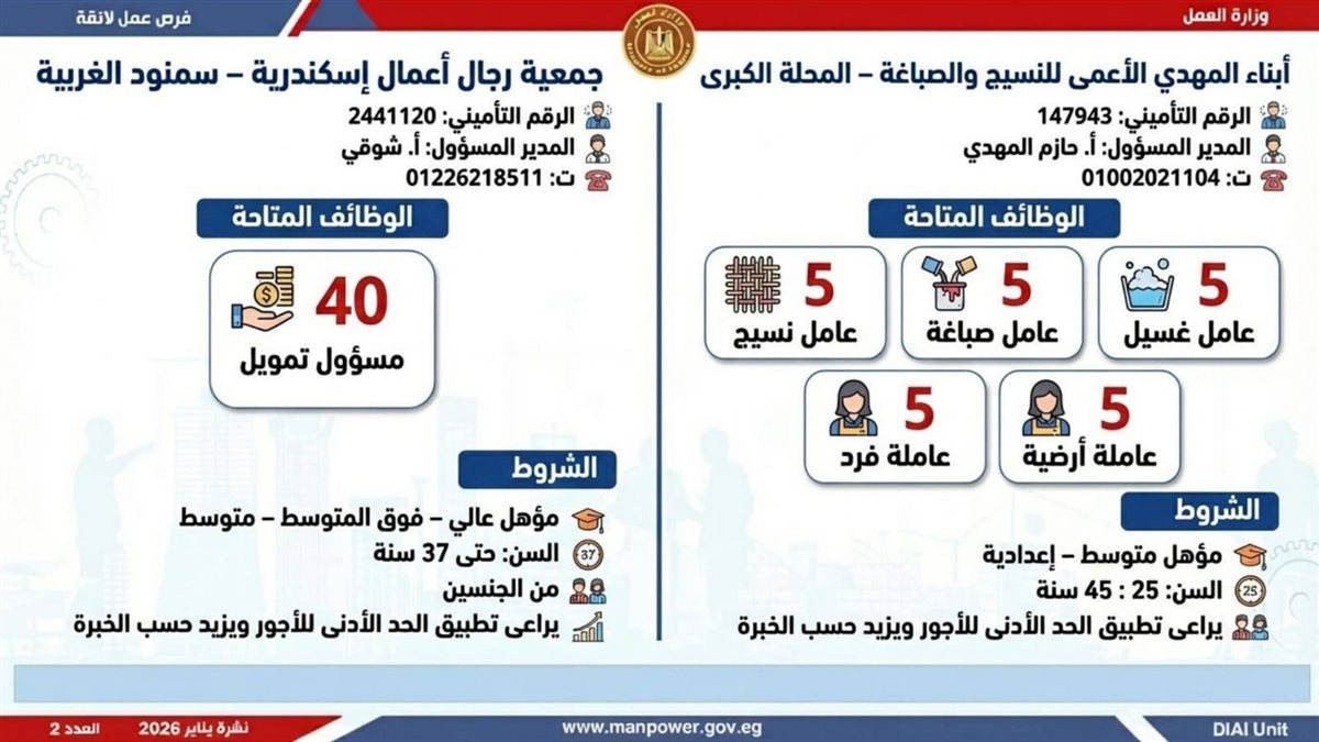 <strong>6499 وظيفة في 10 محافظات.. اعرف المهن المطلوبة وطريقة التقديم</strong>