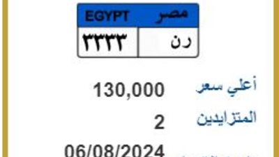 لوحة معدنية مميزة تسجل 130 ألف جنيه في مزاد لوحات السيارات