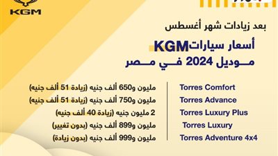 أسعار سيارات KGM موديل 2024 في مصر بعد زيادات شهر أغسطس (إنفوجراف)