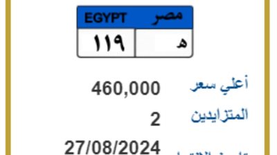 مزاد لوحة «ه- 119» المميزة، سعرها وصل 460 ألف جنيه (تفاصيل)