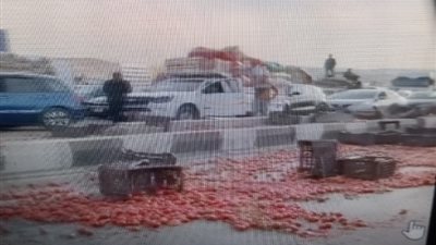 انقلاب سيارة نقل محملة بالطماطم علي الطريق الدائري في أكتوبر (فيديو)