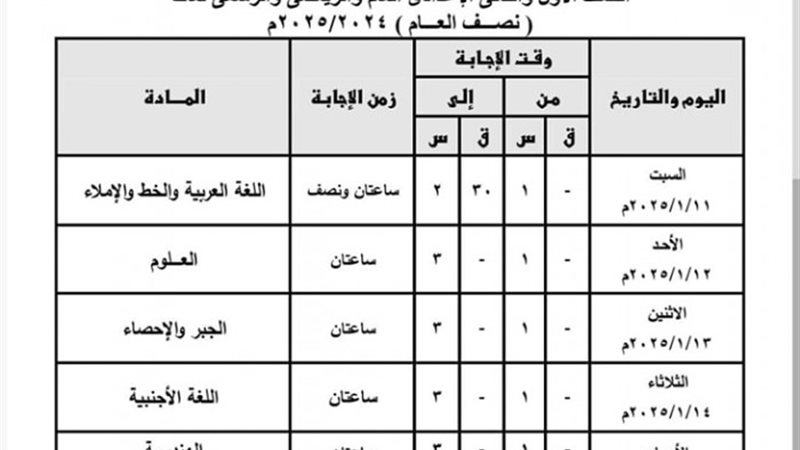 جدول امتحانات نصف السنة 2025 للصف الثالث الإعدادي