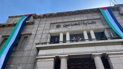 أعلام فلسطين تغطي مبنى نقابة المحامين في وقفه تضامنية مع فلسطين
