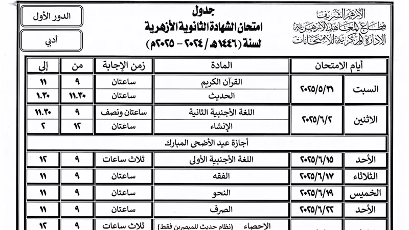 جدول امتحانات الثانوية الأزهرية 