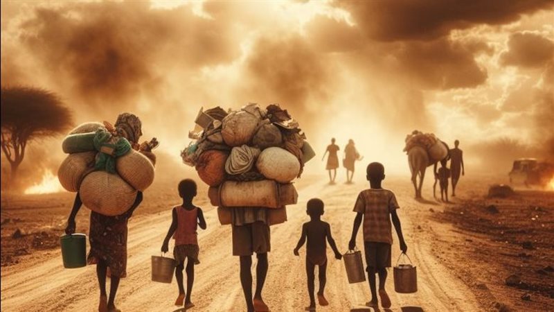 صورة بواسطة الذكاء الاصطناعي تمثل النزوح بسبب تغير المناخ