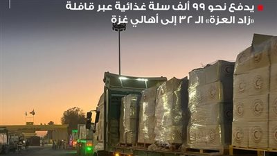 99 ألف سلة غذائية ضمن قافلة «زاد العزة» الـ 32 لغزة اليوم 