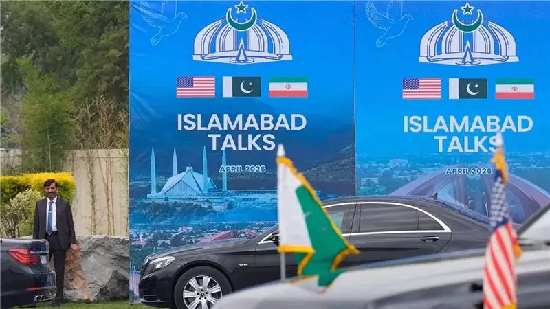 لوحة عن مفاوضات أمريكا وإيران في إسلام آباد، باكستان 