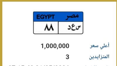 3 أشخاص يتنافسون على لوحة «س ع د 88» وسعرها يقفز لمليون جنيه